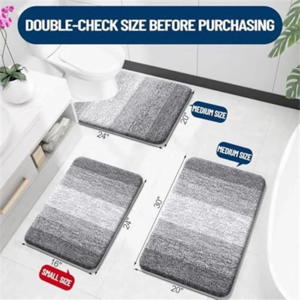 3 Piece Bathroom Rug Set Plush Microfiber Bath Mats Contour Toilet Grey